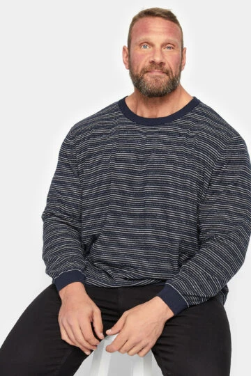 JACK & JONES Big & Tall Navy Blue Stripe Knitted Jumper