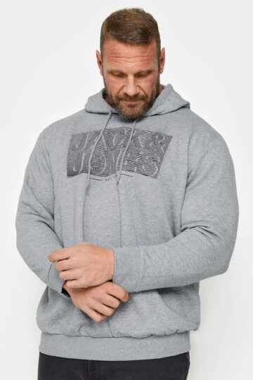 JACK & JONES Big & Tall Grey Stripe Logo Print Hoodie