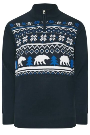 BadRhino Big & Tall Navy Blue Knitted Polar Bear Quarter Zip Jumper