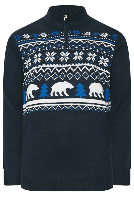 BadRhino Big & Tall Navy Blue Knitted Polar Bear Quarter Zip Jumper 1 BadRhino Big & Tall Navy Blue Knitted Polar Bear Quarter Zip Jumper