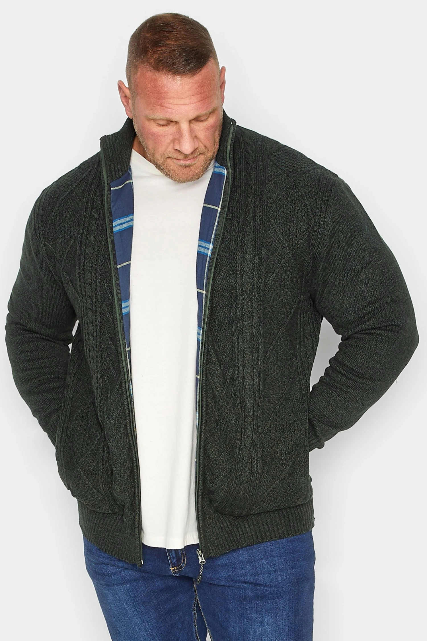 KAM Big & Tall Green Cable Knit Lined Cardigan